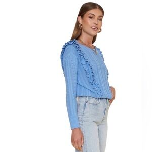 Blue Rain Blue Cable Knit Sweater Ruffle Detail Soft Cozy Size M